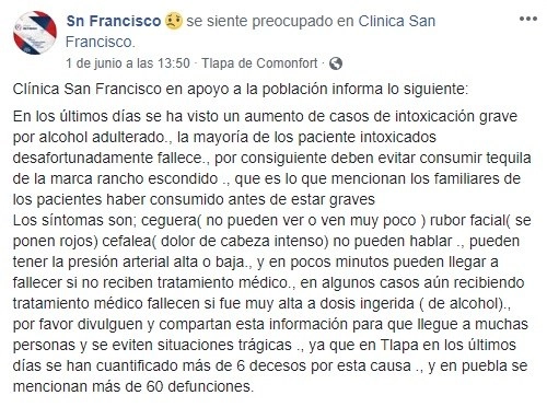 Publicación de la clínica que afirmó el deceso