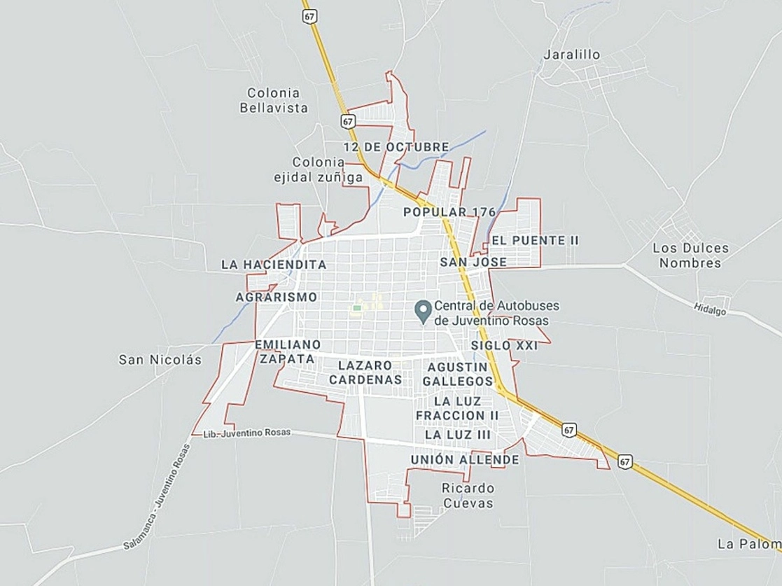 Los sujetos dispararon contra los policías estatales, lo que generó el intercambio de balas y una persecución por la calle Colosio, en Juventino Rosas, Guanajuato. Imagen tomada de Google Maps