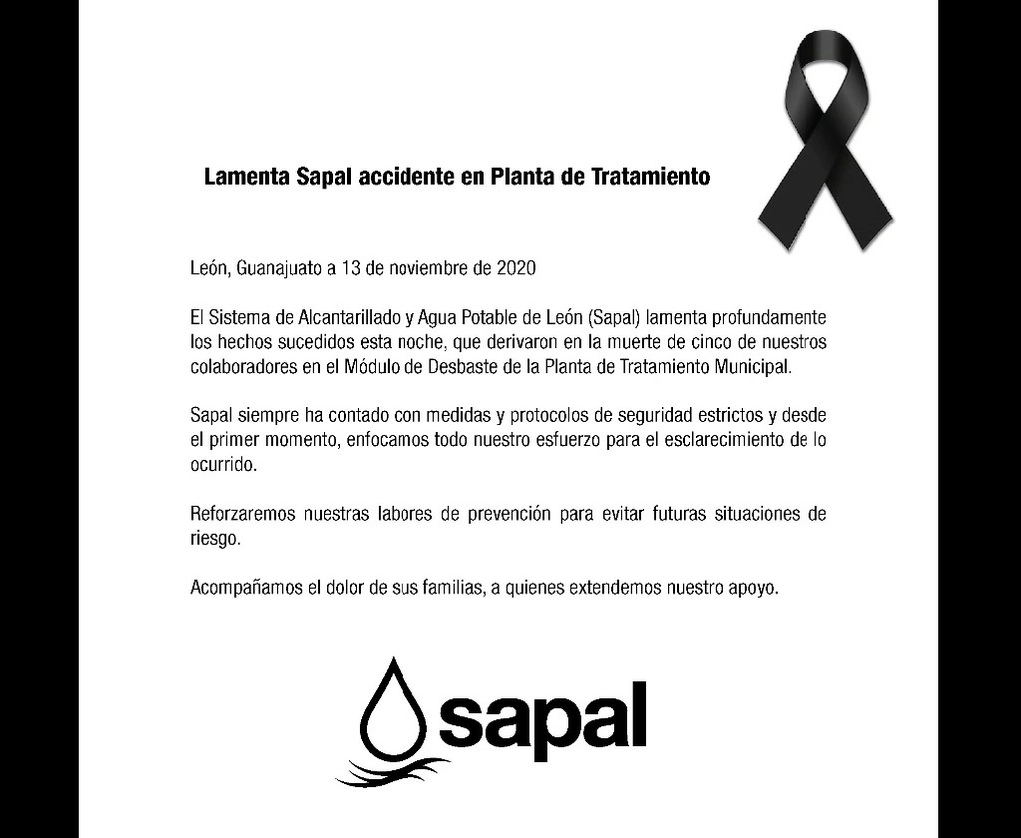 Comunicado del Sapal sobre el fallecimiento de cinco de sus empleados en su centro de trabajo. Foto Twitter @Sapalleon
