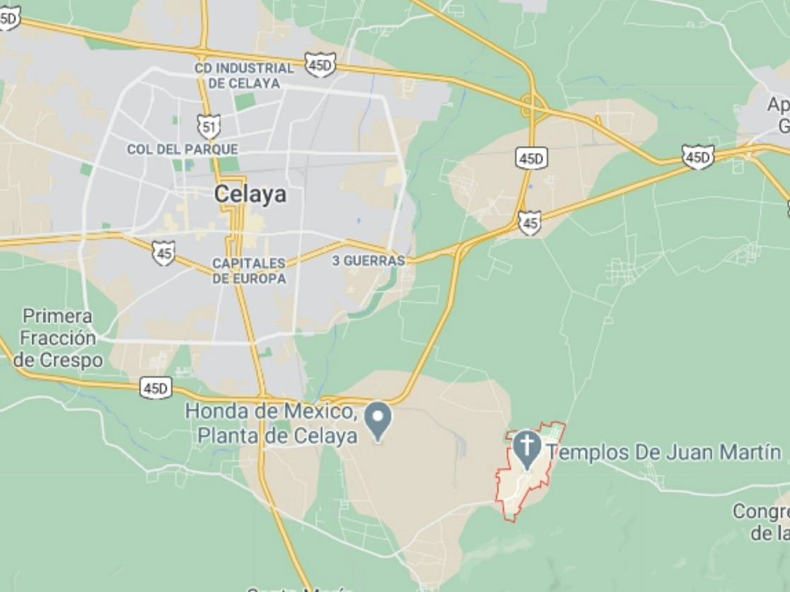 El enfrentamiento entre policías y presuntos delincuentes se registró en la comunidad de Juan Martín, en el municipio de Celaya, Guanajuato. Imagen tomada de Google Maps 