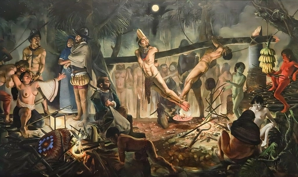 Óleo ‘Suplicio y muerte de Cuauhtémoc en Itzamkana’, pintado en 2022 por Daniel Lezama. Foto cortesía Inbal 