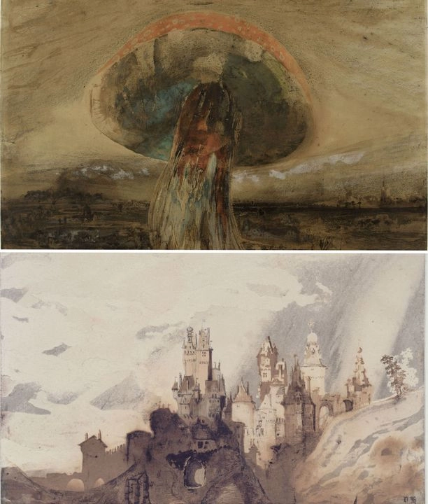 'Hongo' (1850), pluma y tinta café, carbón y crayolas verde, roja y blanca en papel, y 'Castillo alegre' (1847), tinta negra, marrón y crayón en cartón, piezas incluidas en la exposición Cosas asombrosas: Los dibujos de Victor Hugo. Foto cortesía de la 
