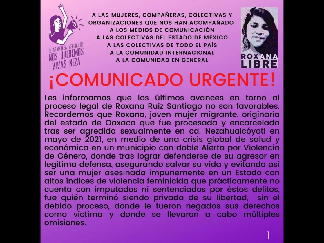 Roxana fue notificada, por un Tribunal de Alzada, de la revocación de las medidas que le permitían seguir su proceso en libertad, informó el colectivo Nos Queremos Vivas Neza. Foto tomada del Facebook de @NosQueremosVivasNeza