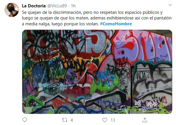 En la imagen, frase de una usuaria sobre el #ComoHombre. Foto Twitter @VicLo89