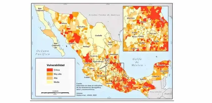 El Instituto de Geografía de la UNAM presentó el Índice de Vulnerabilidad en México ante la Covid-19, en las 59 zonas metropolitanas que existen en el país. Imagen tomada de @IGeografiaUNAM 