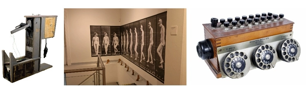 De izquierda a derecha, ratonera automática Capito. Velox. s/f; luego, Mujer bajando una escalera, 1887, fotografía de Eadweard Muybridge, y equipo de prueba para medir la resistencia de linea telefónica LM Ericsson, 1948. Foto cortesía del MODO