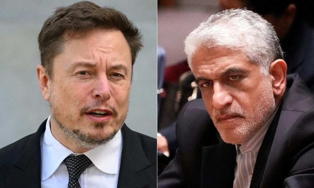 Esta combinación de imágenes creada el 14 de noviembre de 2024 muestra al CEO de X (anteriormente Twitter), Elon Musk (izq.), el 13 de septiembre de 2023 y al embajador de Irán ante las Naciones Unidas, Amir Saeid Iravani, el 2 de octubre de 2024. Foto Afp