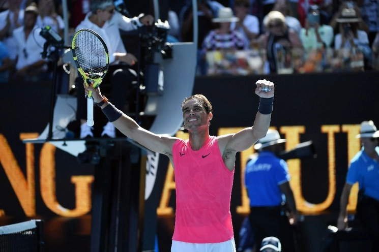 El español Rafael Nadal celebra su triunfo ante el boliviano Hugo Dellien en el Abierto de Australia. Foto Afp