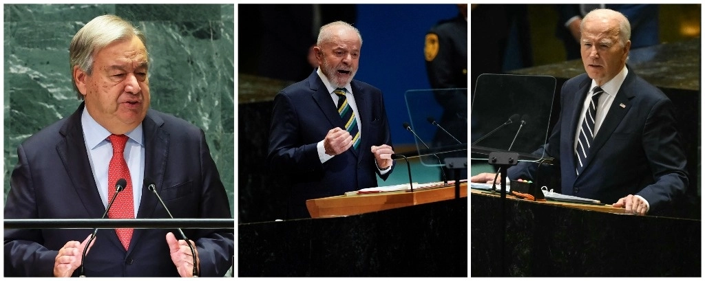 Antonio Guterres, secretario general de la ONU (extremo izquierdo), calificó de “pesadilla sin fin” las guerras en Gaza y Ucrania, al comenzar la Asamblea General de la ONU, en Nueva York. Los presidentes de Brasil, Luiz Inácio Lula da Silva (al centro), y de EU, Joe Biden, durante sus intervenciones. Foto Getty images Afp y Ap