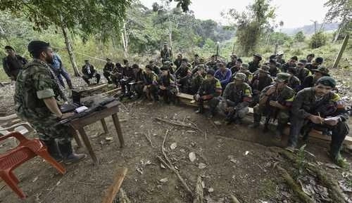 Ex integrantes de las FARC reciben información sobre el proceso de paz en la selva colombiana. Foto Afp/Archivo