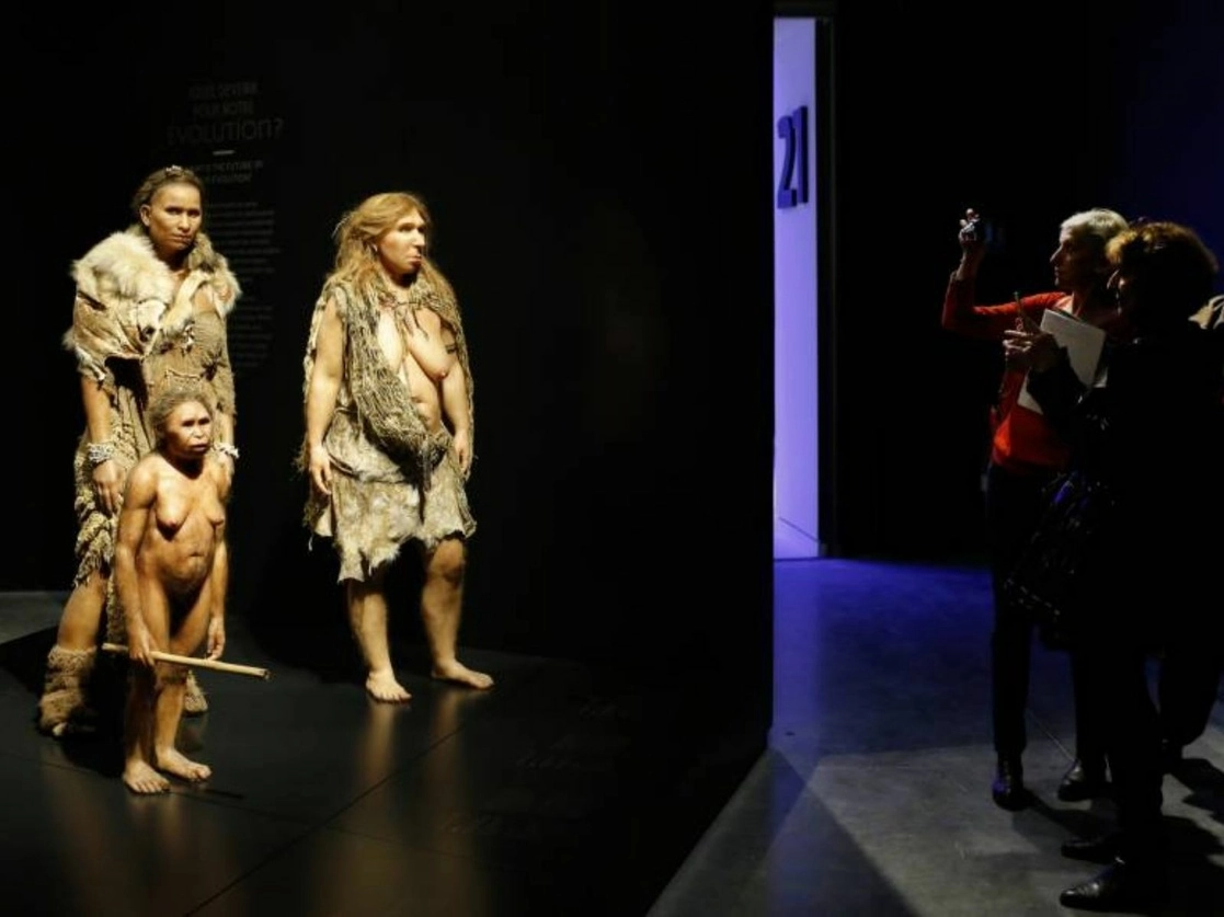 Modelos que representan mujeres humanas y neandertales en el Museo de las Confluencias en Lyon, Francia. Foto Ap
