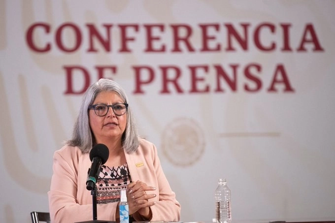 La secretaría de Economía, Graciela Márquez Colín, durante la conferencia de prensa realizada este sábado en Palacio Nacional, en la Ciudad de México, el 20 de junio de 2020. Foto tomada de Twitter @SE_mx