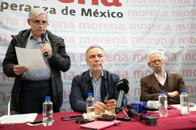 Rafael Barajas, Alfonso Ramírez Cuéllar y Enrique Dussel presentaron la convocatoria a la Convención Nacional de Formación Política en el CEN de Morena, el 4 de febrero de 2020. Foto Pablo Ramos