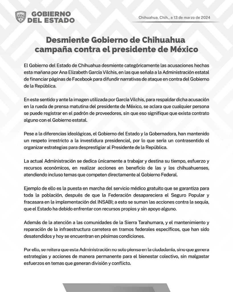 Comunicado en el cual el gobierno de Chihuahua rechaza haber participado en la operación con bots en redes sociales contra el presidente López Obrador. Foto Tomada de X @GobiernoEdoChih