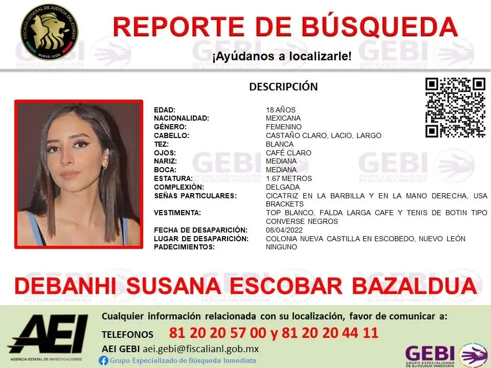 Ficha de búsqueda de Debanhi Susana Escobar Bazaldúa. Foto tomada del Facebook de @GEBI.FGJNL