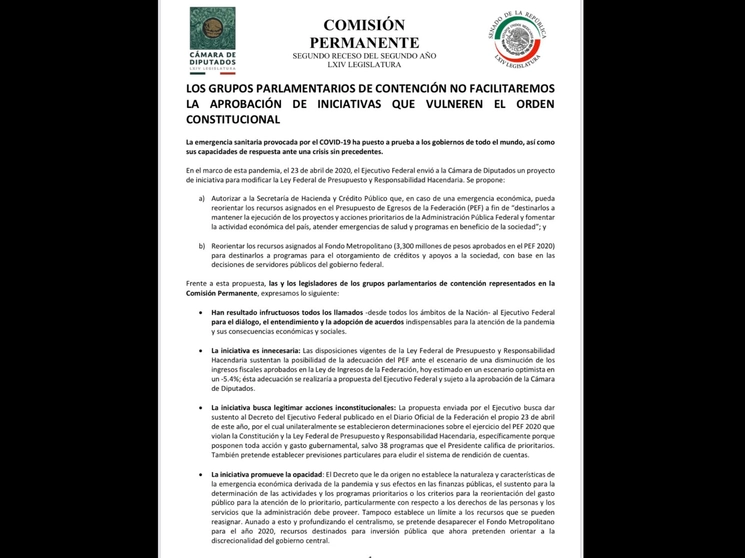 Imagen del pronunciamiento del llamado Grupo de Contención, tomada del Twitter de @diputadospan