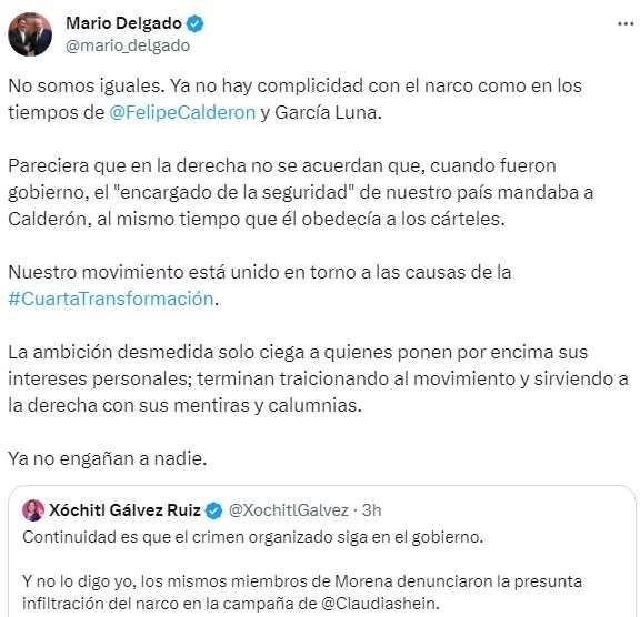 Publicación en su perfil de X de Mario Delgado.