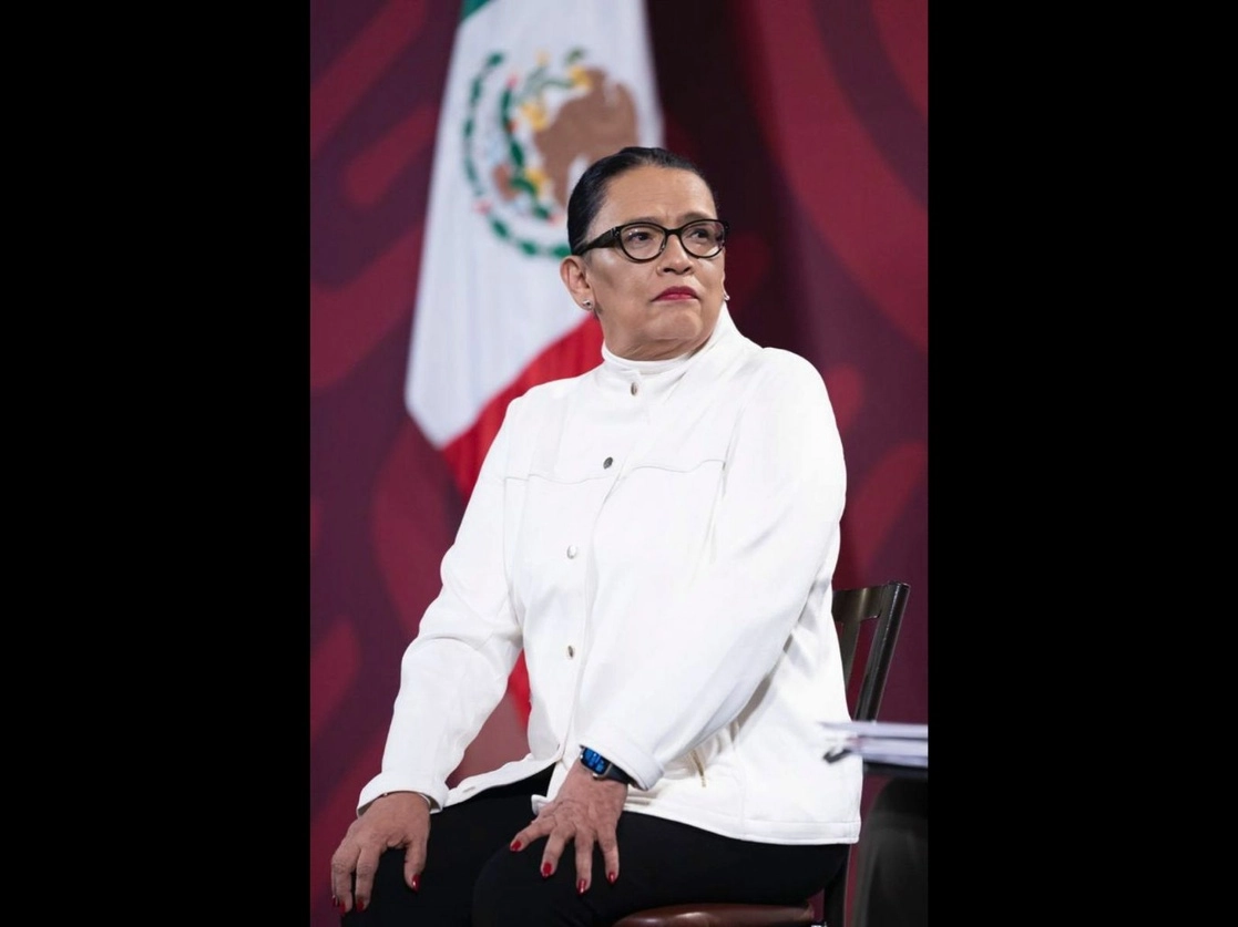 La titular de la Secretaría de Seguridad y Protección Ciudadana, Rosa Icela Rodríguez, esta mañana durante la conferencia del presidente López Obrador. Foto Cuartoscuro 