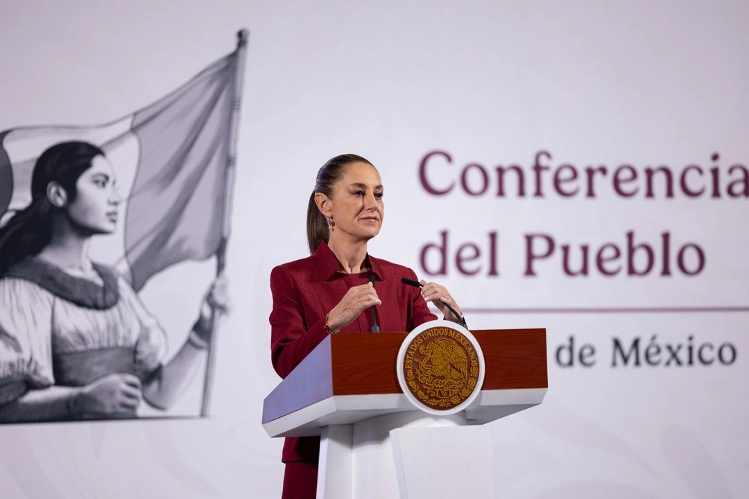 La presidenta Claudia Sheinbaum, durante su conferencia de este miércoles desde Palacio Nacional.


