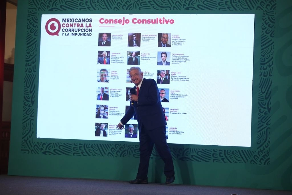 En una anterior conferencia de prensa, el presidente Andrés Manuel López Obrador mostró fotos del grupo político Mexicanos contra la Corrupción y de dirigentes de partidos político a las que aludió también este viernes. Foto José Antonio López 