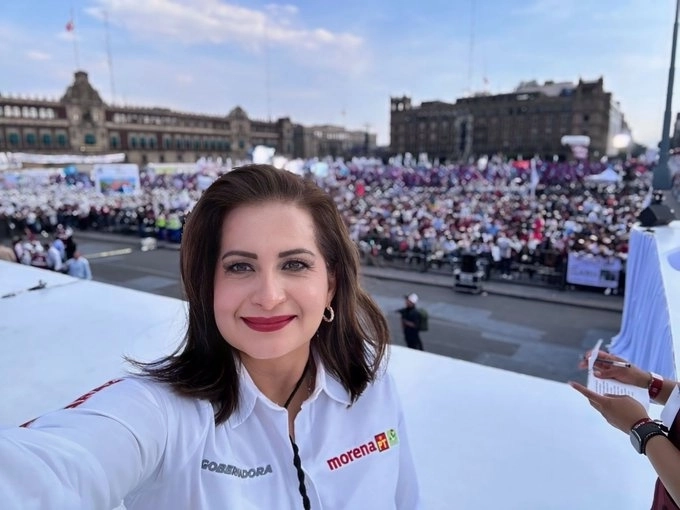 Alma Alcaraz Hernández, candidata de Morena, PT y PVEM a la gubernatura de Guanajuato. Foto Tomada de X @AlmaAlcarazH
