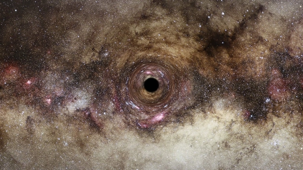 Impresión de un artista de un agujero negro en la galaxia de la Vía Láctea, que distorsiona la luz que pasa cerca de él creando un fenómeno conocido como "lente gravitacional". Foto Afp