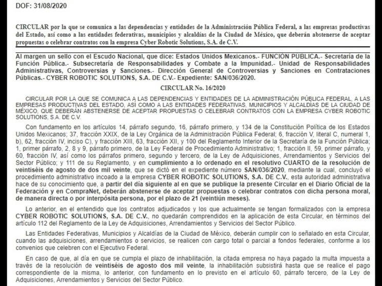 Imagen de lo publicado hoy por la Secretaría de la Función Pública en el Diario Oficial de la Federación 