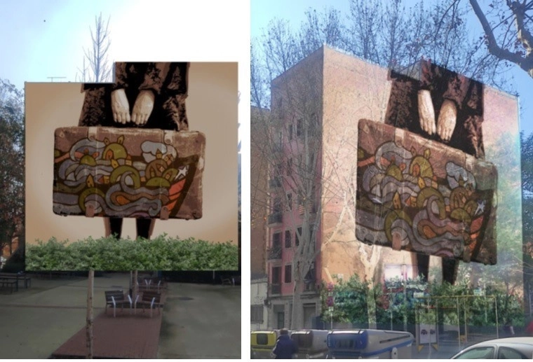 Proyección del mural en homenaje a Pablo Neruda en la plaza que lleva su nombre en Barcelona (Catalunya). Foto Europa Press