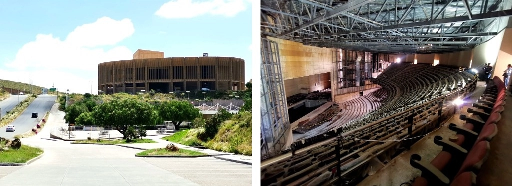 El teatro Centenario Toma de Zacatecas, ubicado en la zona conurbada de la capital y Guadalupe, sigue inconcluso a una década de haber sido erigido. Sus butacas se encuentran cubiertas de polvo. Foto Alfredo Valadez