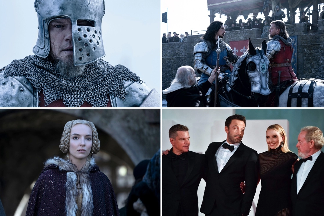 En las tres primeras imágenes (de izquierda a derecha) Matt Damon, Jodie Comer y Adam Driver, en escenas del filme. 'En la cuarta', los actores acompañan al realizador. Foto Ap y Afp