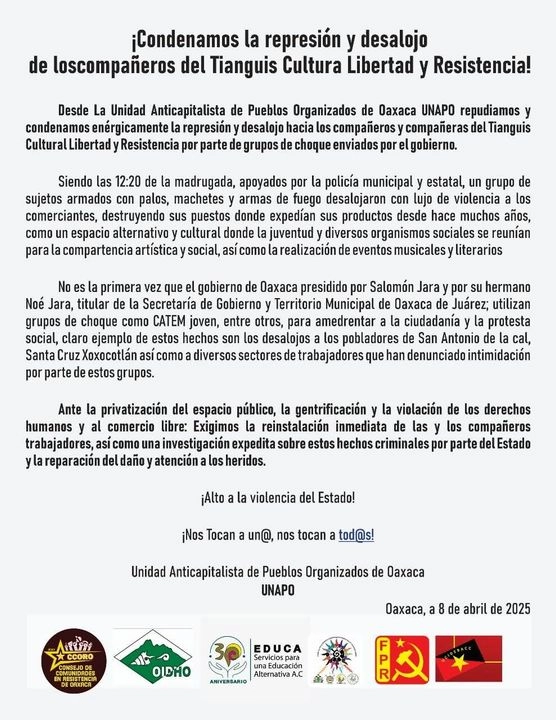 Comunicado que diversas organizaciones firmaron para repudiar las agresiones contra los artesanos de la Plazuela de El Carmen Alto. Foto