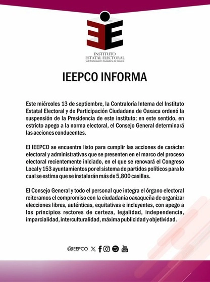 Comunicado difundido por el Ieepco.