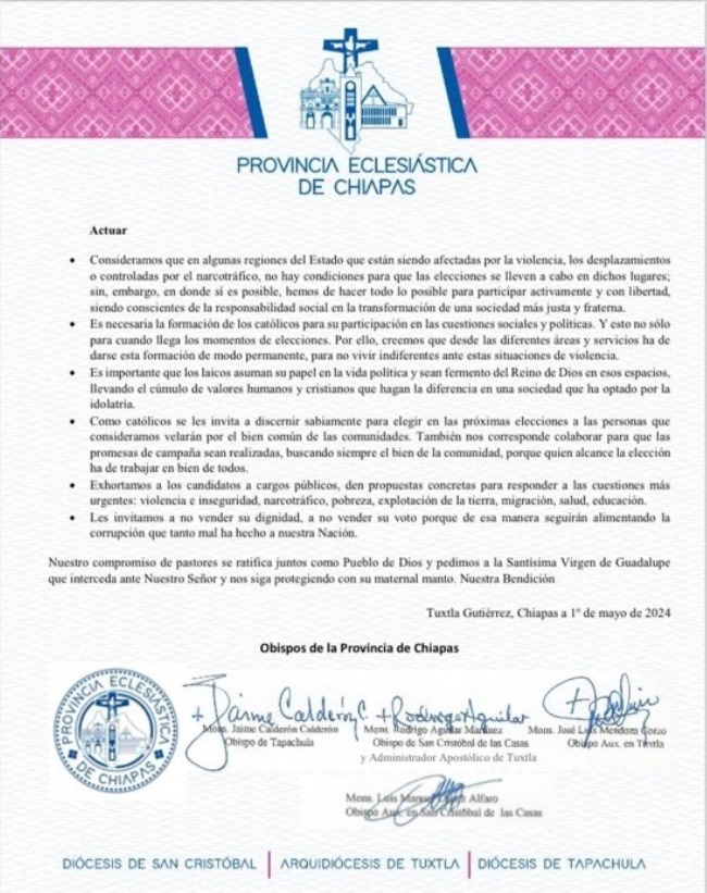 Documento que firmaron en conjunto los obispos de San Cristóbal, Tuxtla Gutiérrez y Tapachula.