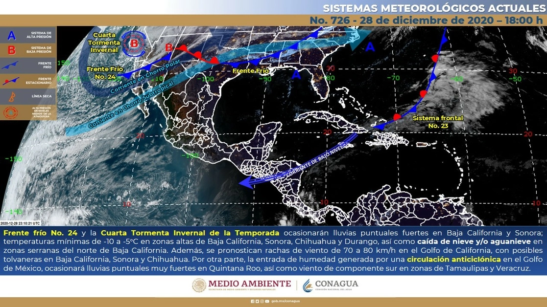 Trayectoria del Frente Frío 24 y la cuarta Tormenta Invernal. Imagen Cortesía SMN / Conagua