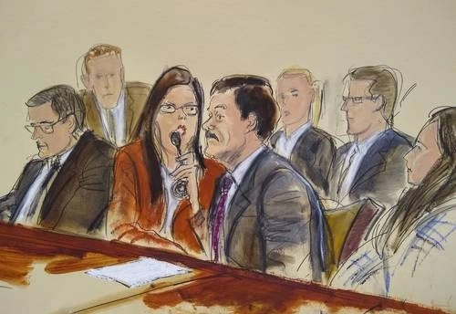 Dibujo elaborado en el juicio a Joaquín 'Chapo' Guzmán Loera en Nueva York, en julio de 2019. Foto Ap