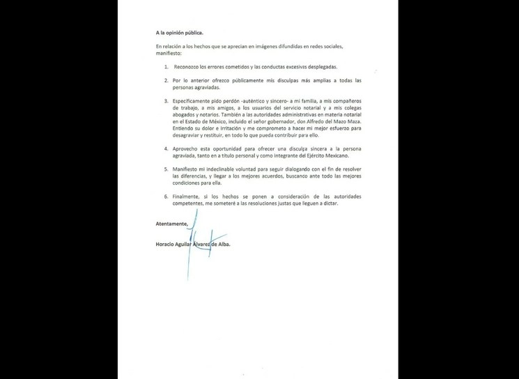 Carta publicada por Horacio Aguilar Álvarez, Notario Público de Edomex, luego que fue grabado agrediendo a su esposa. Foto @Horacio64893859