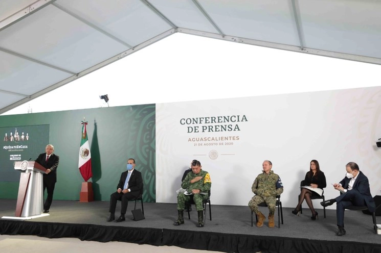 El presidente López Obrador, durante su conferencia de esta mañana ofrecida desde Aguascalientes. Foto Presidencia 