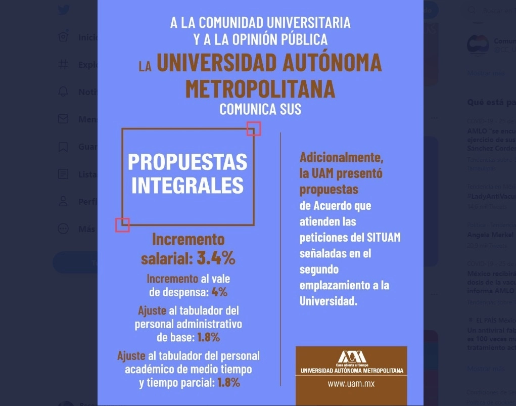 La representación sindical emplazó a huelga por un aumento del 20 por ciento directo al salario y 15 por ciento al tabulador del personal administrativo y académico. Hay un segundo emplazamiento para la misma fecha, por presuntas violaciones al Contrato Colectivo de Trabajo. Imagen tomada del Twitter de @UAMAzcOficial