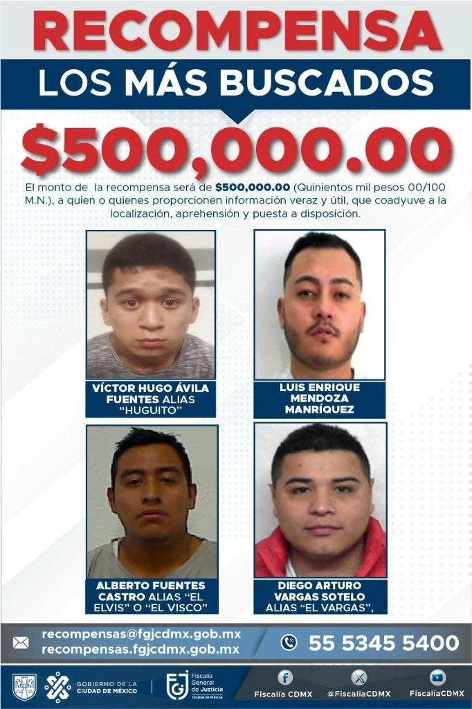 La Fiscalía General de Justicia de la Ciudad de México ofreció una recompensa de dos millones de pesos a quien ofrezca información para capturar a Víctor Hugo Ávila Fuentes, Diego Arturo Vargas Sotelo, Luis Enrique Mendoza Manríquez y Alberto Fuentes Castro. Imagen cortesía de la FGJ-CDMX