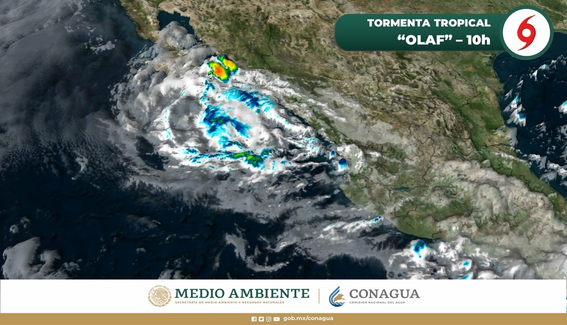 La circulación de Olaf provocará, en las próximas horas, lluvias intensas en Baja California Sur y chubascos en Nayarit y Sinaloa. Foto tomada del Twitter de @conagua_clima
