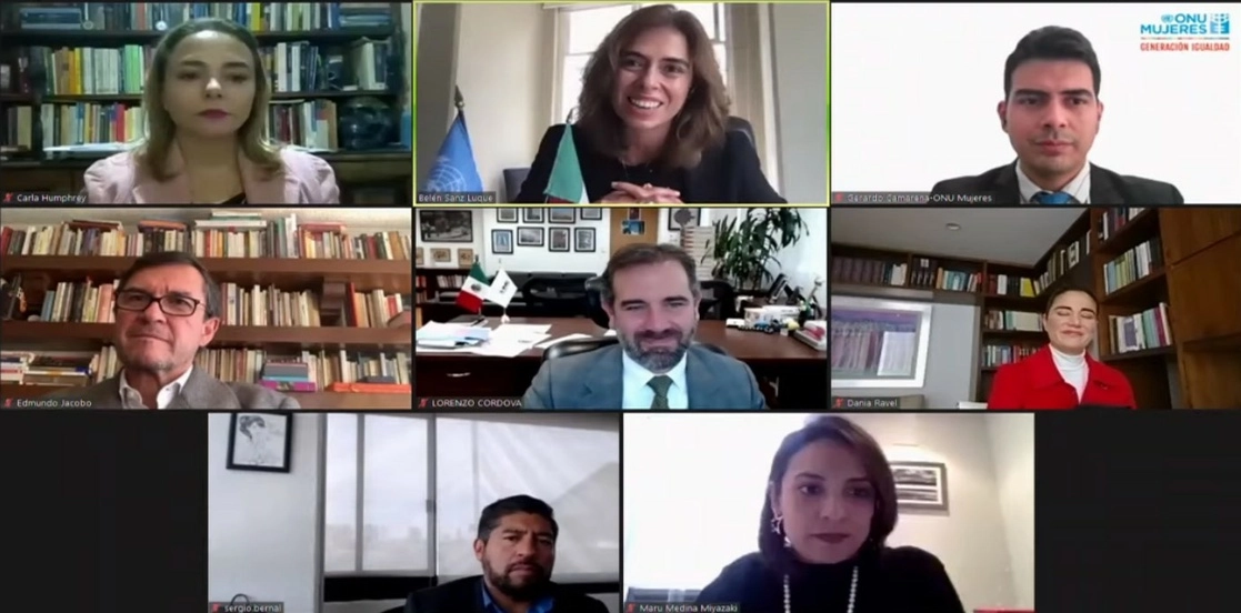 Durante la reunión entre ambos organismos, el 17 de febrero de 2021. Imagen tomada de la transmisión a través del Twitter del @INEMexico