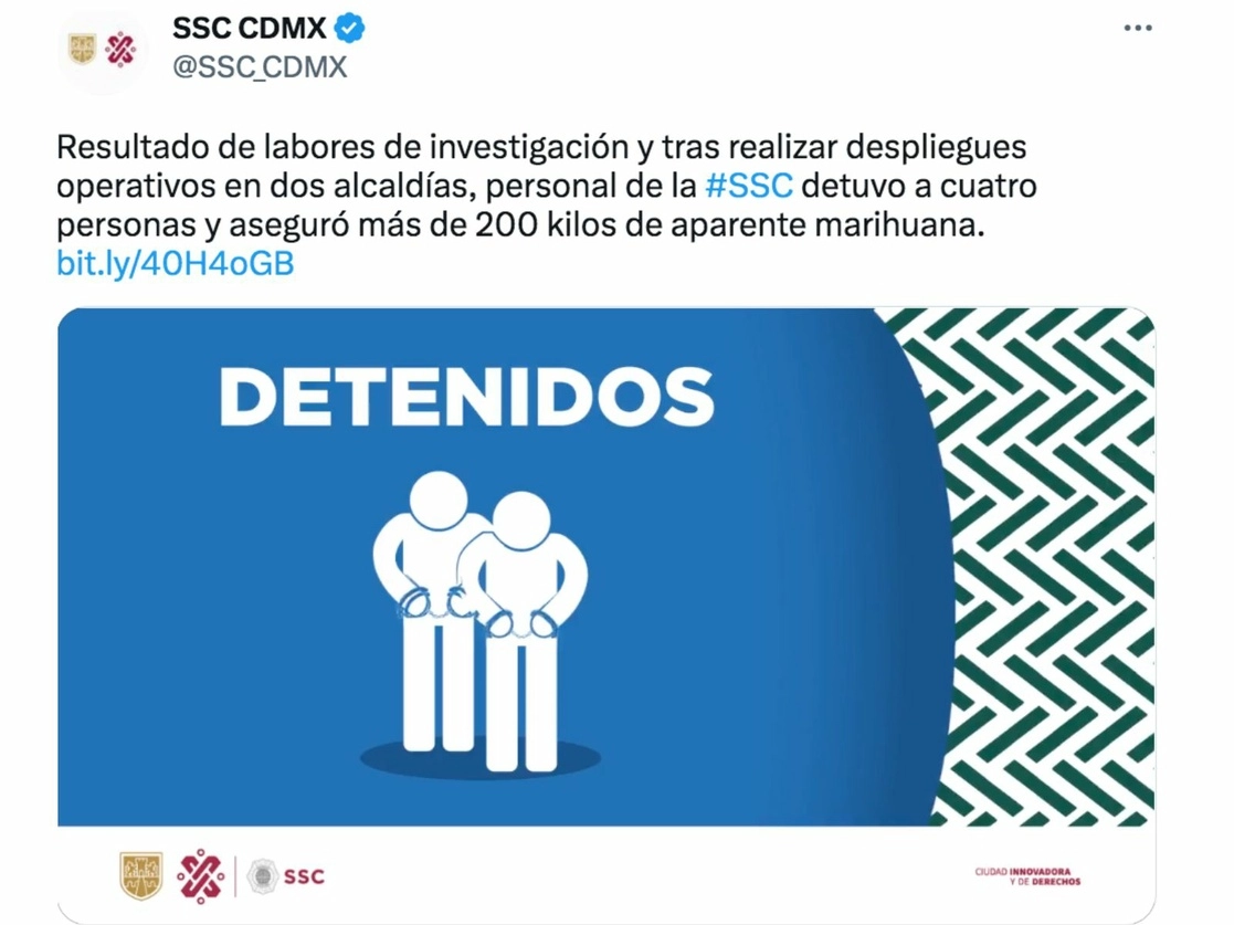 En un operativo contra el ‘narcomenudeo’ cuatro personas fueron detenidas, se aseguró droga y tres predios quedaron bajo custodia policial en las demarcaciones de Iztapalapa y Tlalpan. Foto tomada de Twitter @SSC_CDMX