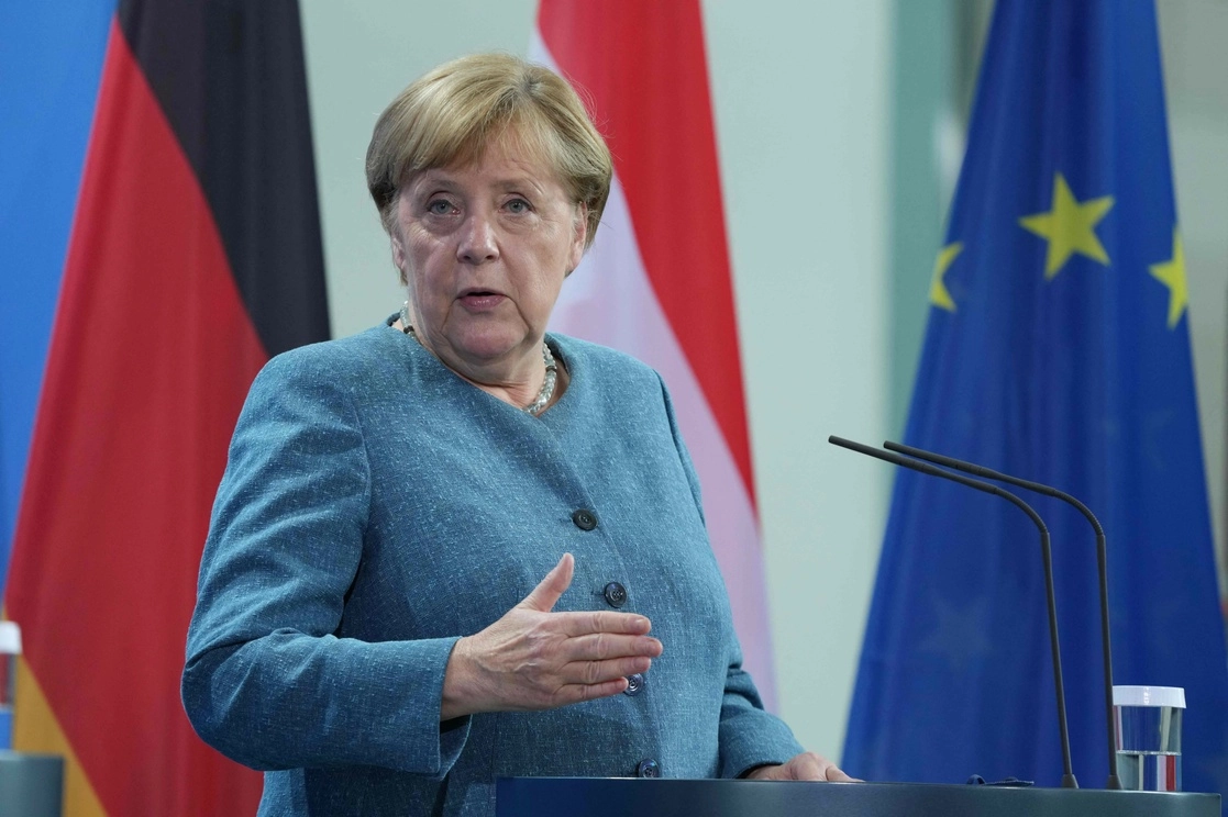 La canciller alemana, Angela Merkel, durante una conferencia de prensa en la Cancillería en Berlín el 31 de agosto de 2021. Foto Afp