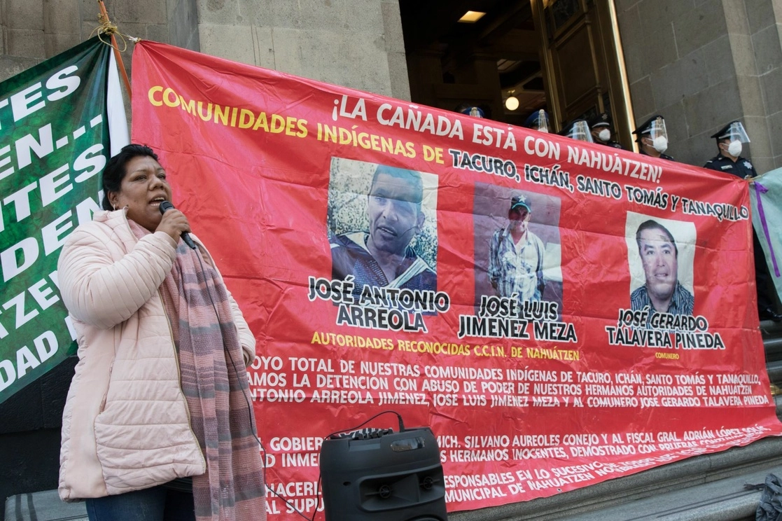 Habitantes de Nahuatzen, Michoacán, se manifiestan para pedir la libertad de José Antonio Arreola, José Luis Jiménez Meza y José Gerardo Talaver Pineda. Foto Cuartoscuro / Archivo

