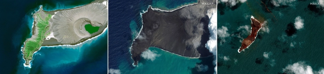Una combinación de imágenes de satélite de la parte oeste de la isla del volcán Hunga Tonga-Hunga Haapai antes de la erupción (izquierda), al arrojar cenizas y humo (en medio) y tres días después de la masiva erupción que destruyó la mayor parte de la isla el 15 de enero pasado. Foto Afp
