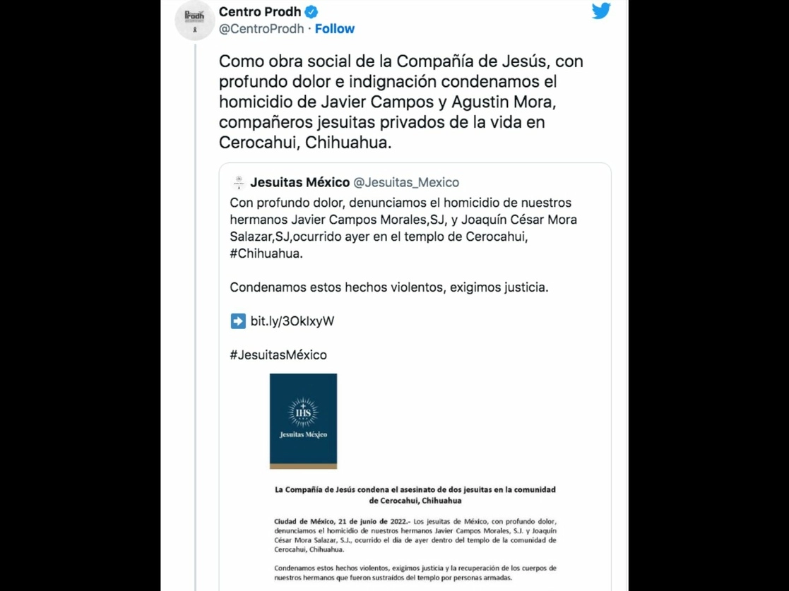 El Centro de Derechos Humanos Miguel Agustín Pro Juárez demandó hoy que los hechos sean investigados y garantizar la seguridad de los sobrevivientes. Imagen tomada del Twitter de @CentroProdh