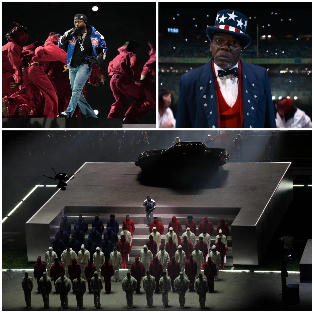 Aspectos de la actuación de Kendrick Lamar y Samuel L. Jackson durante el Supertazón 59 en Nueva Orleans. Foto Ap y tomada de redes sociales 