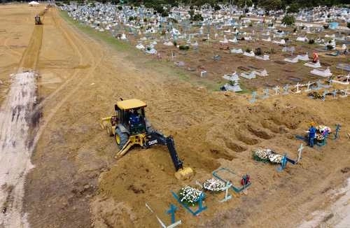 En el cementerio Nuestra Señora Aparecida de Manaus, Brasil, se abren más fosas en un área reservada para víctimas de Covid-19. Foto Afp