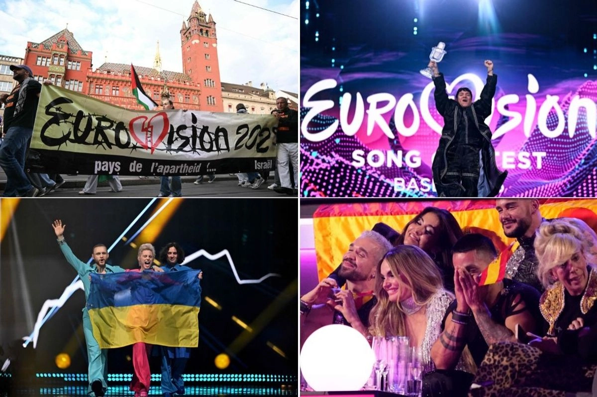 Banderas palestinas y protestas contra el cantante israelí, además de reacciones por parte de España y Austria durante la final del Festival de la Canción de Eurovisión 2025. Foto 