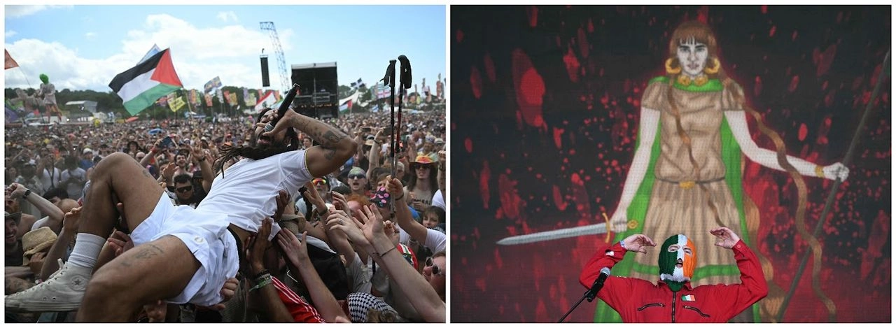 Bobby, del dúo británico Bob Vylan, surfea entre la multitud del Glastonbury y el ‘diyéi’ Provai, de la banda de rap irlandesa Kneecap. Foto 